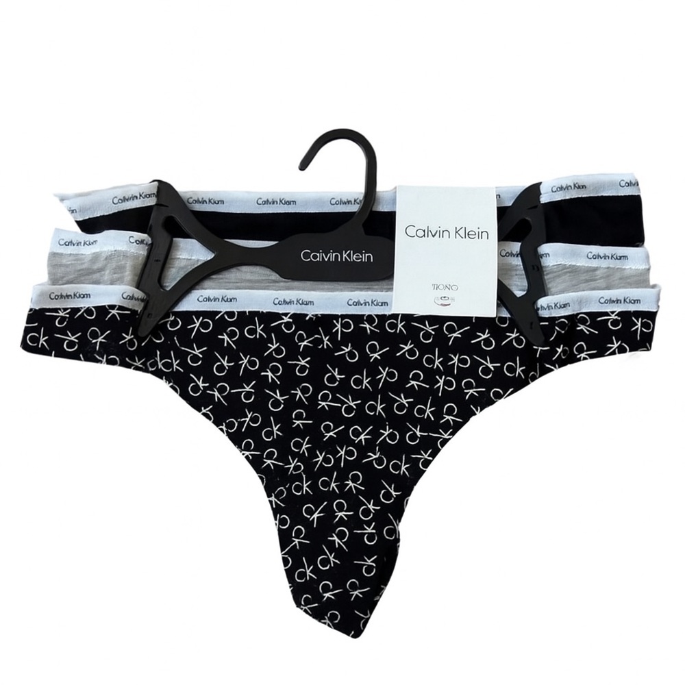 Calvin Klein Women’s Black, Gray and Black Logo Thong 3 pcs Set Size Large